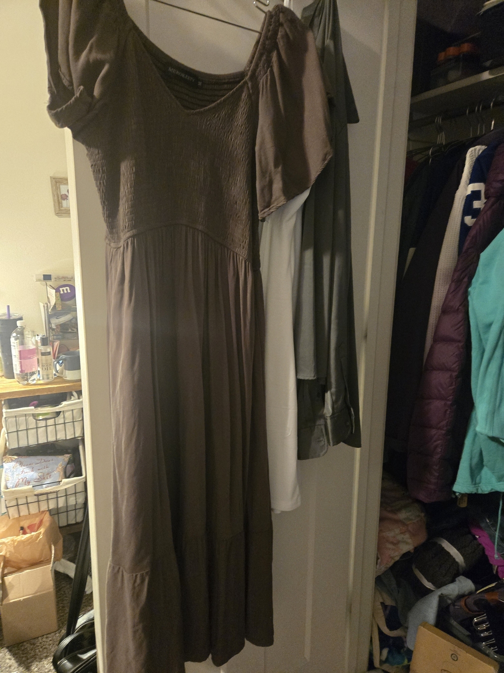 Smocked Bodice Midi Dress in Taupe